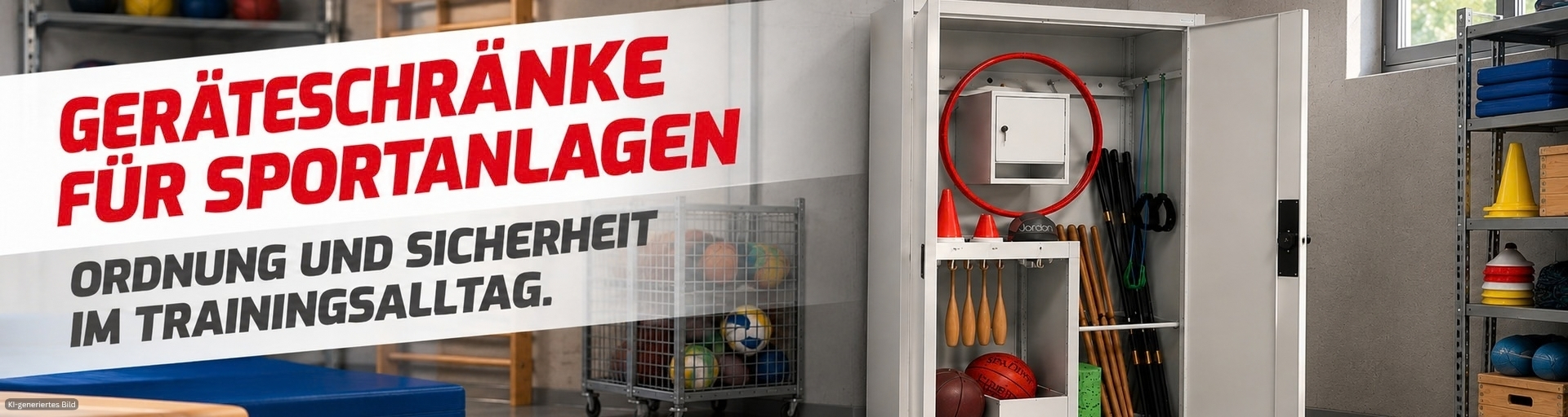 Header-Bild mit geöffnetem Geräteschrank und verschiedenen Sportgeräten zum Thema Ordnung und Sicherheit in Sportanlagen - KI generiert.
