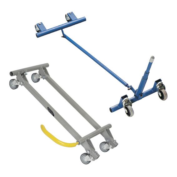 Grauer Motorradheber mit gelbem Hebel und vier Rollen und blauer Motorradheber mit drei Rollen und Hebel.