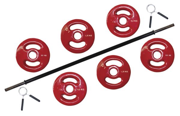Rote Hantelscheiben mit Stange und Verschlussclips für Krafttraining, verschiedene Gewichte.