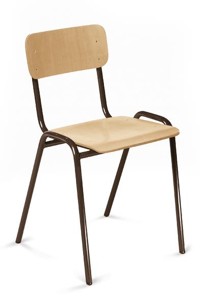 Stuhl mit Holzsitz und Rückenlehne, brauner Metallrahmen, einfacher Designstuhl für Büro oder Schule.