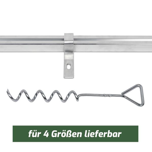 Edelstahl-Bodenanker mit Spirale und Halterung, für vier Größen erhältlich.