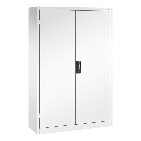 Weißer Metallschrank mit Doppeltüren und schwarzem Griff, abschließbar, für Büro oder Lager.
