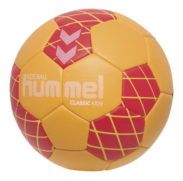 Orange-roter Hummel Handball mit gelbem Streifenmuster, ideal für Handballspiele und Training.