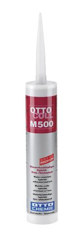 Kartusche mit OTTOCOLL M500 wasserbeständigem Hybrid-Klebstoff in Weiß.