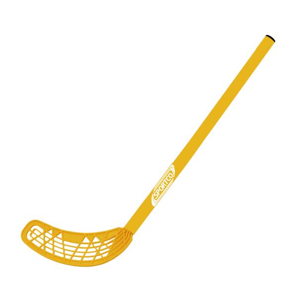 Gelber Floorball-Schläger mit Kunststoffblatt und langem Griff, Sportgerät für Hallensport.