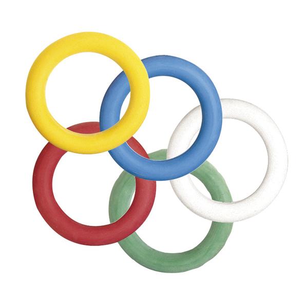 Bunte Ringe in den Farben Gelb, Blau, Weiß, Grün und Rot, angeordnet wie die Olympischen Ringe.