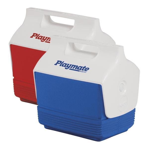 Zwei Playmate Kühlboxen in Rot und Blau mit weißem Griff und Deckel.