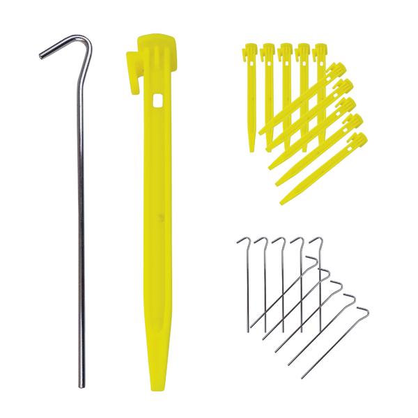 Gelber Kunststoff-Hering sowie Metall-Hering für Zelte und Camping.