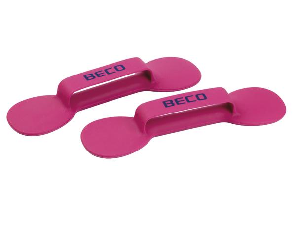 Zwei pinke Schwimmbretter mit Griffen und BECO-Logo für Schwimmtraining.