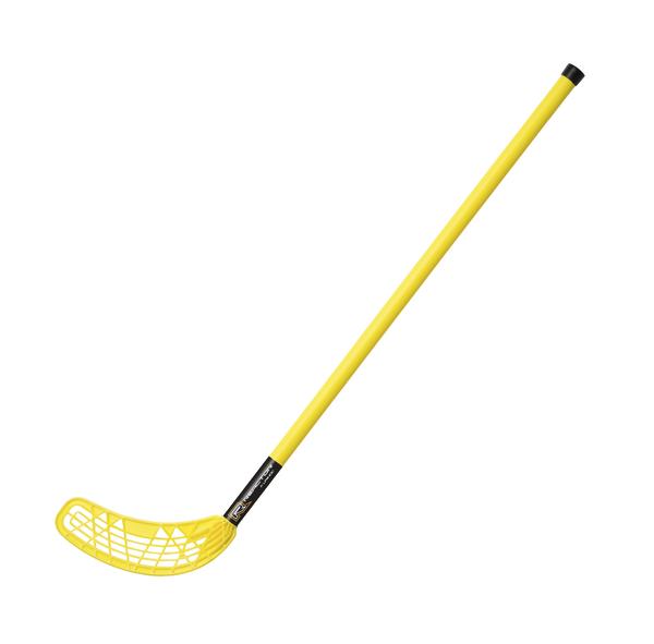 Gelber Floorball-Schläger mit gelochtem Blatt und schwarzem Griffabschluss auf weißem Hintergrund.
