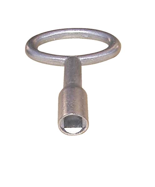 Metallischer Vierkant-Schlüssel mit rundem Griff für Abfallkorb.