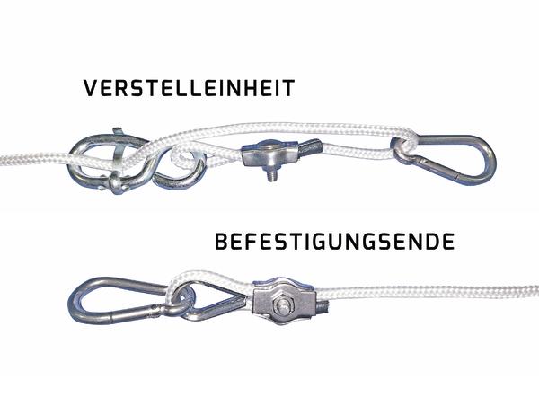 Verstelleinheit mit Seil und Metallverschluss zur Längenanpassung .