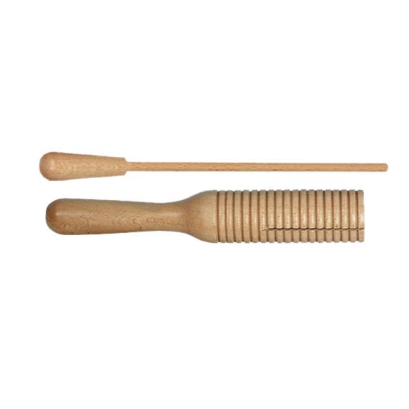 Holz-Klangstab mit Rillen und passendem Schlägel für rhythmische Musik.