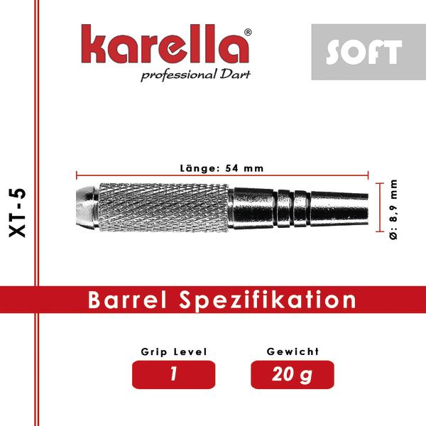 Karella XT-5 Soft Dart Barrel mit 54 mm Länge, 8,9 mm Durchmesser, 20 g Gewicht und Grip Level 1