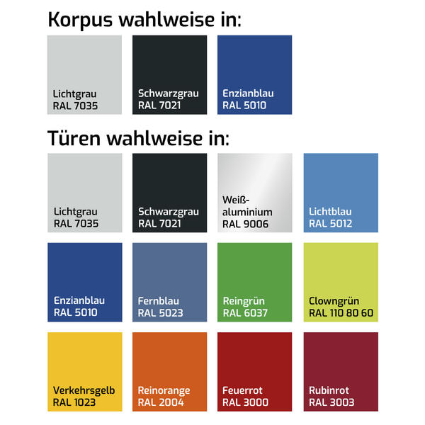 Farbpalette für Korpus: Lichtgrau, Schwarzgrau, Enzianblau mit RAL-Codes.