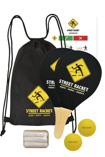 Street Racket Set mit zwei Schlägern, zwei Bällen, Ballhalter und Tragetasche für Straßensport.