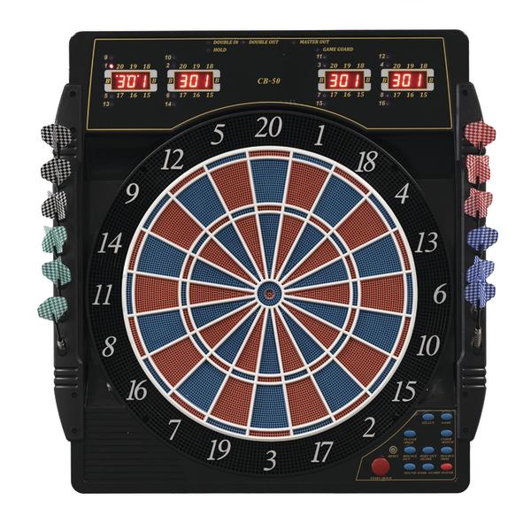 Elektronische Dartscheibe mit LED-Anzeige und sechs Darts für Indoor-Spiele.