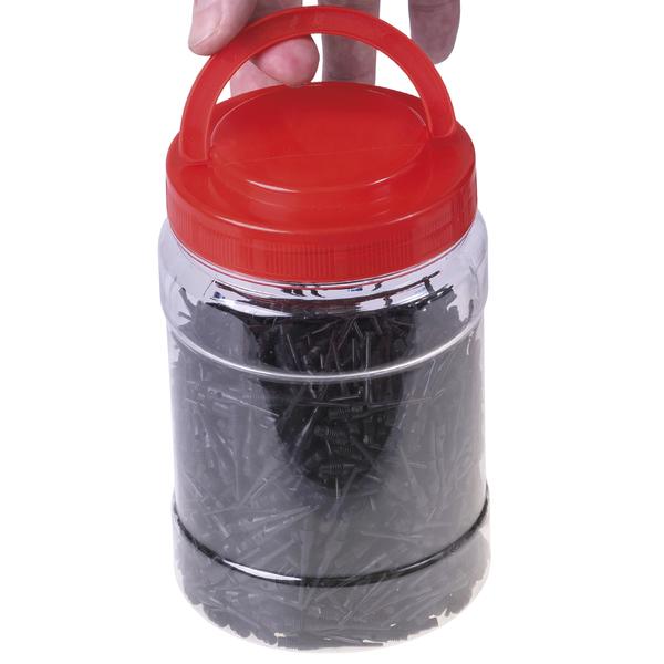 Kunststoffbehälter mit rotem Deckel und Griff, gefüllt mit schwarzen Ersatzspitzen für Softdart.