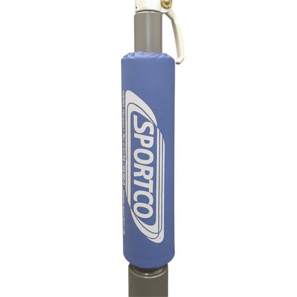 Detailaufnahme von gepolsterten Stützsäulen an einem grauen Fitnessgerät mit blauen Sportco Schaumstoffpolstern.