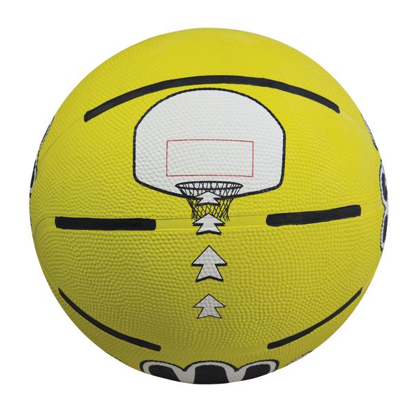 Gelber Basketball mit aufgedrucktem Basketballkorb und Pfeilen als Zielhilfe.