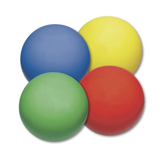 Vier bunte Bälle in Blau, Gelb, Grün und Rot auf weißem Hintergrund.