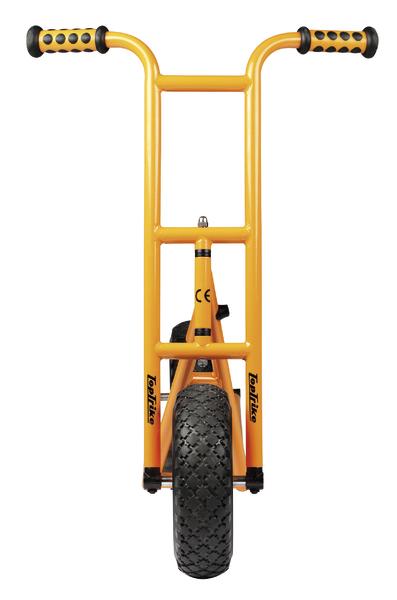 Gelber Einradroller mit breitem Reifen und ergonomischen Griffen, Frontansicht.