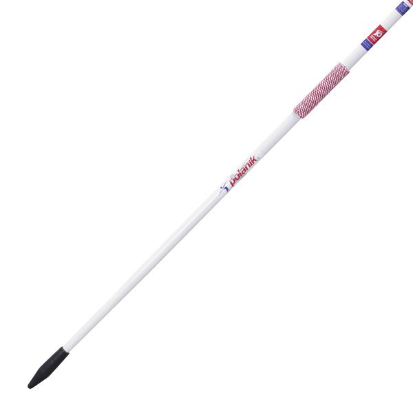 Weißer Speer mit rotem Griff und schwarzer Spitze für Speerwurf im Sport.