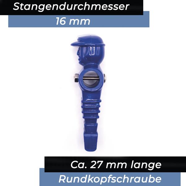 Seitenansicht einer blauen Kickerfigur mit 16 mm Stangendurchmesser und Schraubbefestigung.