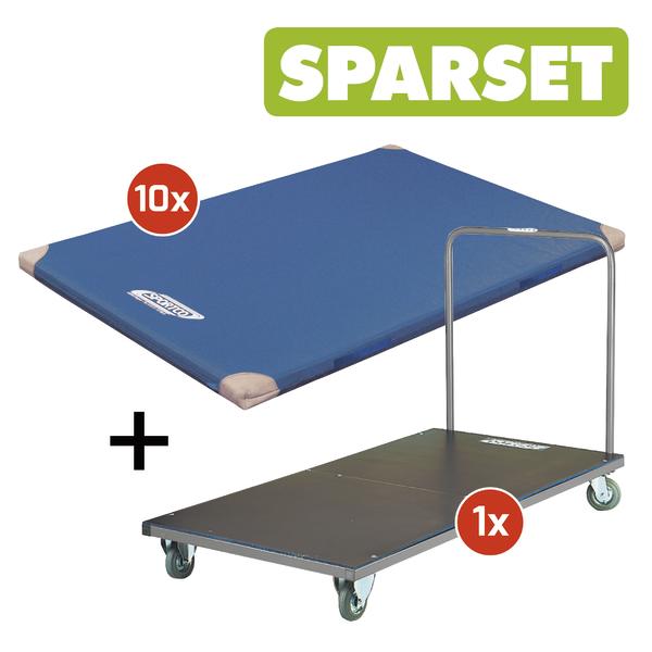 Sparset mit 10 blauen Turnmatten und 1 Transportwagen auf Rollen für einfache Mobilität.