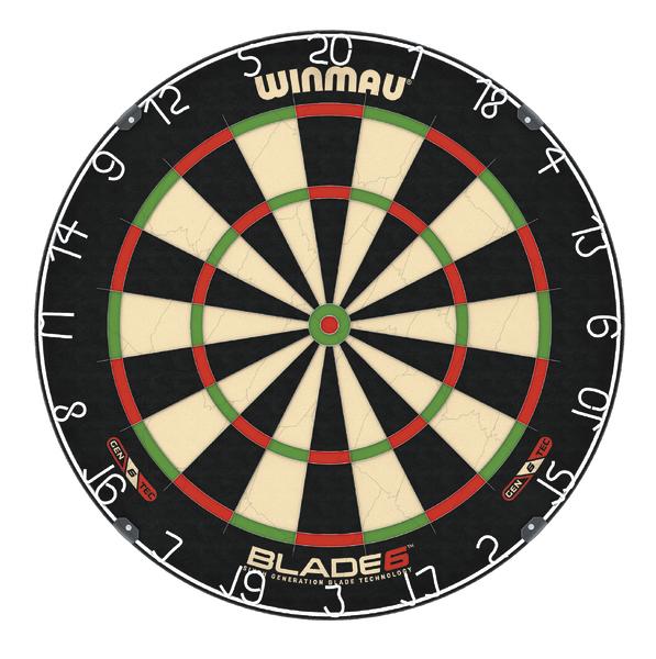 Dartscheibe Winmau Blade 6 mit schwarzem, rotem und grünem Design für Präzisionsspiele.