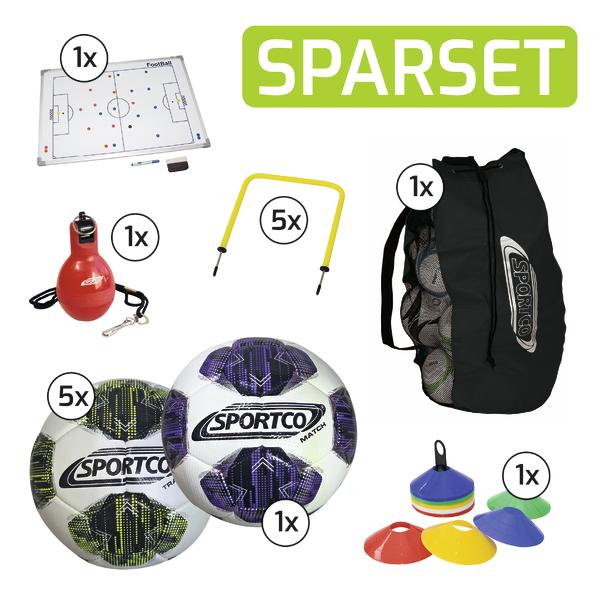 Fußball-Trainingsset mit Bällen, Markierungshütchen, Trainingshürden, Taktiktafel, Pfeife und Ballsack.