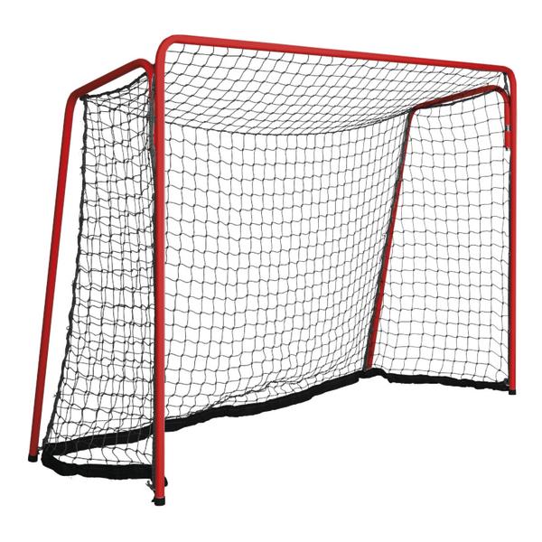 Stabiles Trainingstor mit rotem Metallrahmen und schwarzem Netz, geeignet für Training und Freizeitspiele.