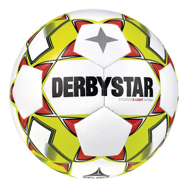 Weißer Derbystar Futsal-Ball mit gelb-rotem Sternmuster, Modell Stratos S-Light.