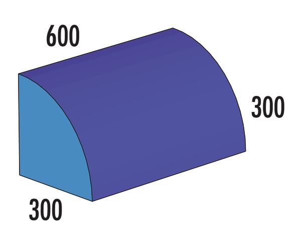 Halbrunder Quader mit den Maßen 600 x 300 x 300, blau und violett dargestellt.