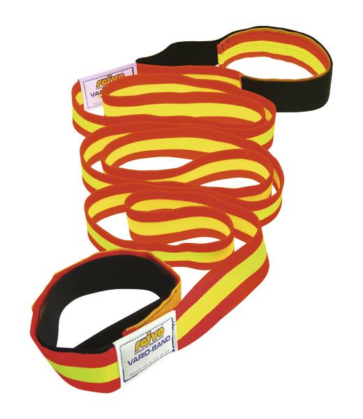 Reflektierendes Sicherheitsband in Rot und Gelb mit Klettverschluss, ideal für Sichtbarkeit.