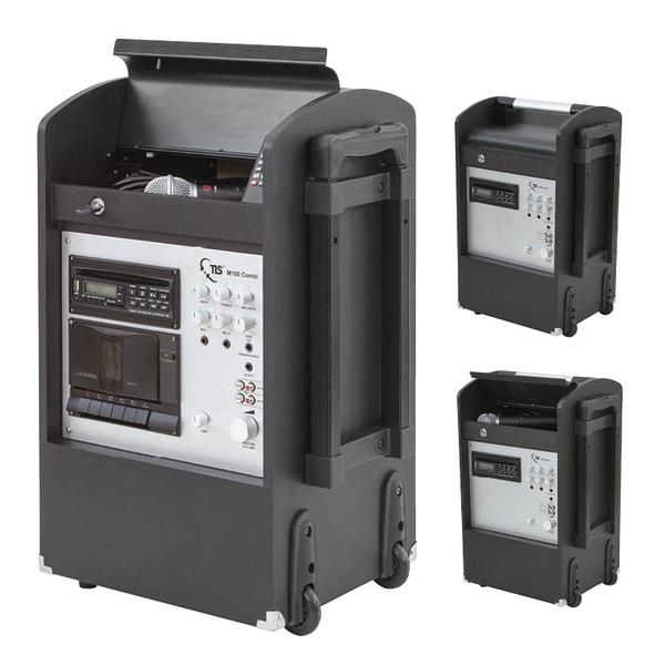 Mobiles Lautsprechersystem mit Mikrofon und Kassettenspieler in schwarzem Gehäuse.