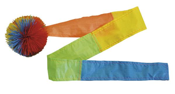 Bunter Jonglierball mit langem, mehrfarbigem Stoffband für Zirkus und Spiel.