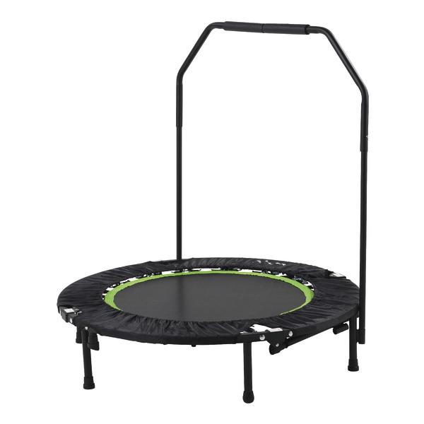 Kleines Fitness-Trampolin mit Haltestange und schwarzem Sprungtuch für Indoor-Training.