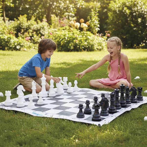 Zwei Kinder spielen Schach auf einem großen Schachfeld im Garten.