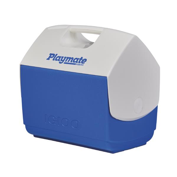 Kompakter blauer und weißer Igloo Playmate Kühlbox mit Tragegriff für unterwegs.