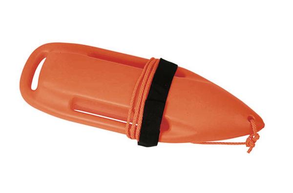 Rettungsboje in leuchtendem Orange mit Griff und Befestigungsseil für Wasserrettung.