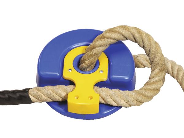 Seilzug mit blau-gelbem Kunststoffgriff für Kletter- und Fitnessübungen.