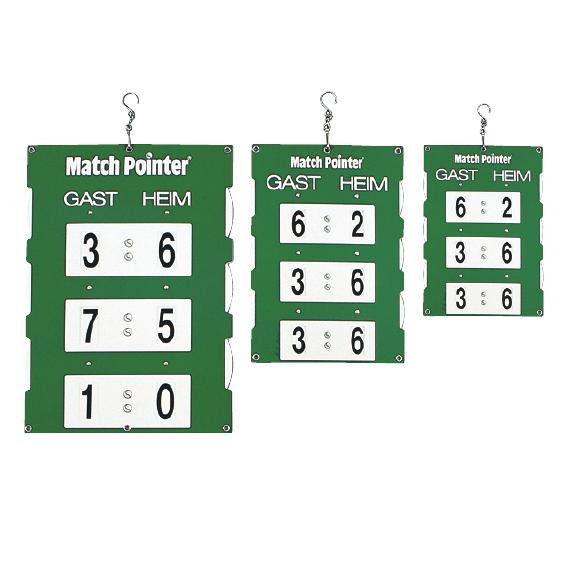 Drei grüne manuelle Spielstand-Anzeigetafeln mit weißen Zahlen für Gast- und Heimteam.