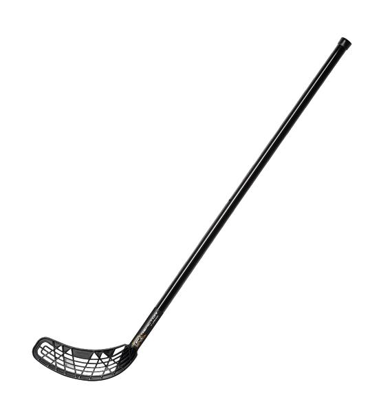 Schwarzer Floorball-Schläger mit gelochtem Blatt und langem Schaft auf weißem Hintergrund.