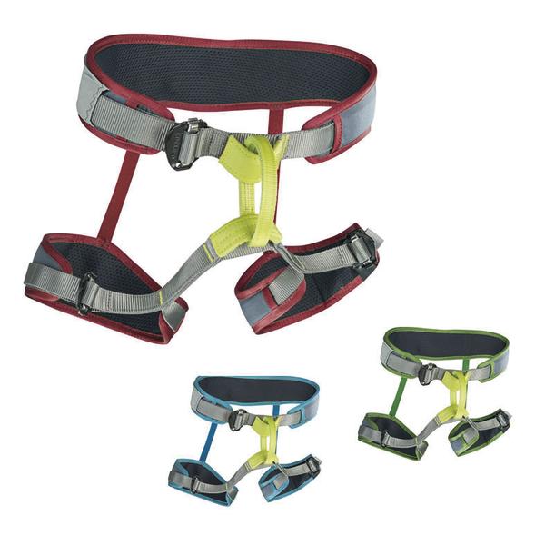 Klettergurt in drei Farben mit verstellbaren Beinschlaufen und gepolstertem Hüftgurt.
