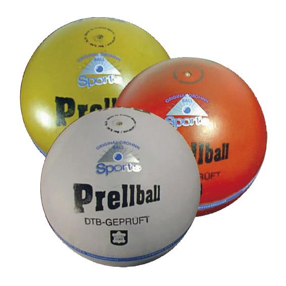 Drei bunte Prellbälle in Gelb, Orange und Weiß, Sportgeräte für Ballspiele.