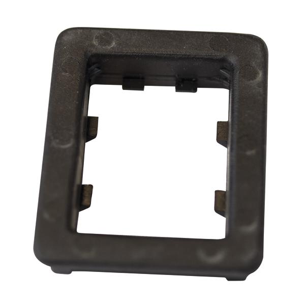 Schwarzer Kunststoffrahmen mit Clips, quadratisch, für elektronische Bauteile oder Schalter.