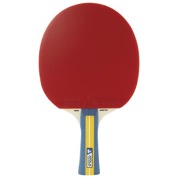Tischtennisschläger mit rotem Belag und blau-gelbem Griff, freigestellt auf weißem Hintergrund.