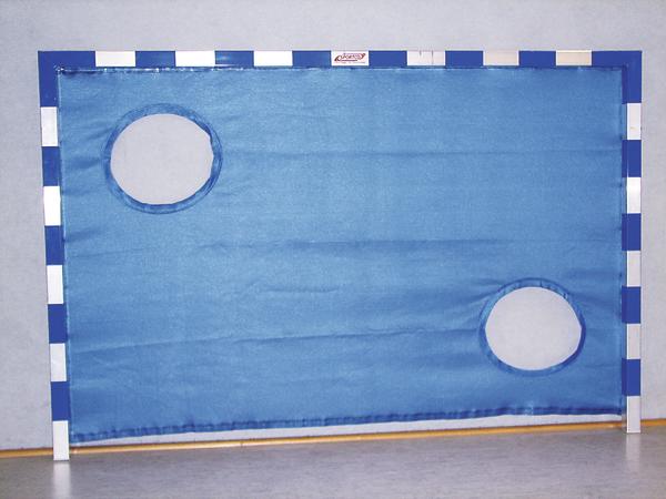 Handballtor mit blauem Netz und zwei runden Zielöffnungen für Wurftraining.