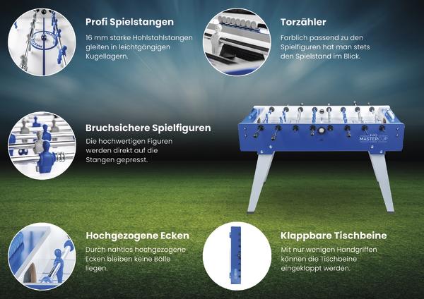 Übersicht der Funktionen des Foldy Master Cup Tischkickers mit Profi-Spielstangen, Torzählern und klappbaren Tischbeinen.